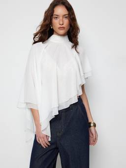 Cider - Chiffon Women's High Neck Cape Poncho Top White