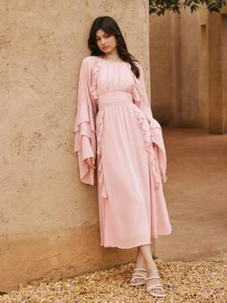 Cider - Chiffon Women's Ruffled Boat Neck Bell Sleeve Maxi Dress Pink