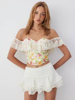Cider - Lace Women's Floral Print Off-Shoulder Corset Top Pink