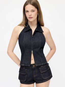 Cider - Stretch Denim Women Halter Neck Zip Through Crop Top Dark denim