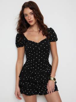 Cider - Cotton Blend Women's Ruched Puff Sleeve Mini Dress Black