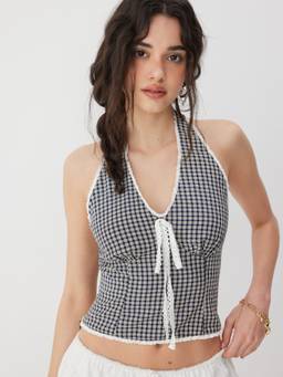 Cider - Gingham Women's Lace Trim Halter Neck Crop Top Navy Blue