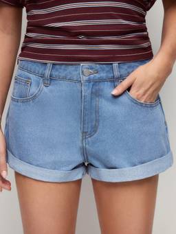 Cider - Washed Denim Women's Low Rise Roll Hem Micro Shorts Blue