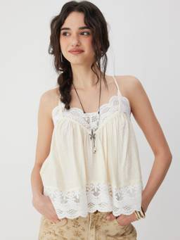 Cider - Lace Trim Women’s Ruffle Hem Oversized Cami Top Ivory