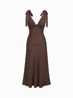 Cider - Satin Women's V-Neck Twist Knot Flared Maxi Dress Brown