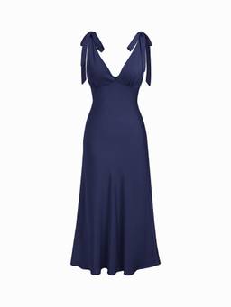 Cider - Satin Women's V-Neck Tie-Up Flared Maxi Dress Navy Blue