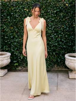 Cider - Satin Women's V-Neck Tie-Up Strap Flared Maxi Dress Yellow