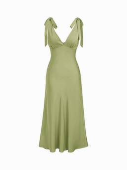 Cider - Satin Women's V-Neck Twist Knot Flared Maxi Dress Olive
