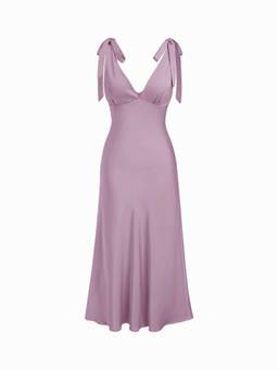 Cider - Satin Women's V-Neck Tie-Up Flared Maxi Dress Purple