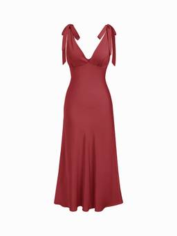 Cider - Satin Women's V-Neck Twist Knotted Flared Maxi Dress Wine
