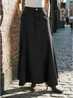 Cider - Washed Denim Women's High-Waist A-Line Maxi Skirt Charcoal