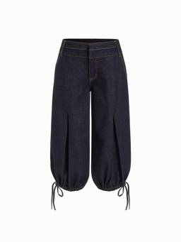 Cider - Washed Denim Women's Low-Rise Pleated Bermuda Shorts Navy Blue