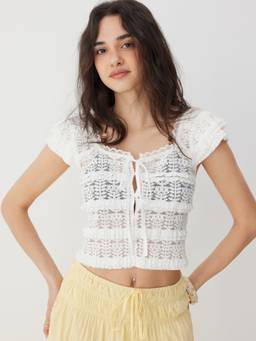 Cider - Hollow Out Lace Women's Square Neck Ruffle Sleeve Crop Top White