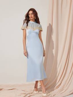 Cider - Satin Lace Panel Women's Stand Collar A-Line Maxi Dress Blue