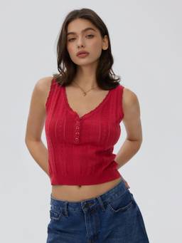 Cider - Jacquard Women's V-Neck Button Front Slim Crop Top Burgundy