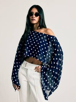 Cider - Chiffon Polka Dot Women’s Boat Neck Cape Sleeve Poncho Navy Blue
