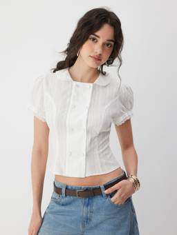 Cider - Textured Women's Puff Sleeve Ruffled Blouse White