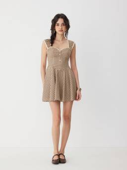 Cider - Cotton Blend Women's Gingham Sweetheart Neck Mini Dress Tan