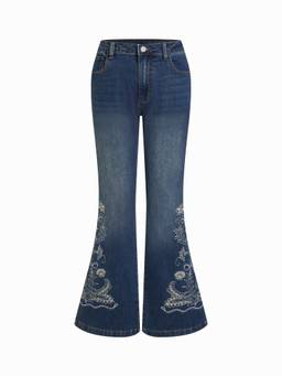 Cider - Stretch Denim Women’s High-Rise Floral Embroidered Flared Jeans Indigo