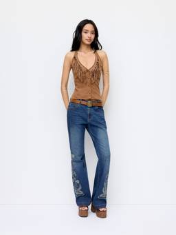 Cider - Stretch Denim Women's High-Rise Embroidered Flared Jeans Mid Blue