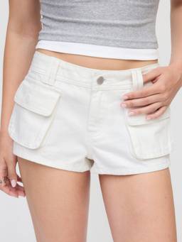 Cider - Washed Women's Low Waist Metal Detail Cargo Denim Shorts Ecru