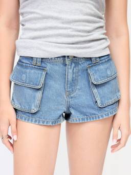 Cider - Washed Metal Detail Women Low Waist Denim Cargo Shorts Washed Out Light Blue