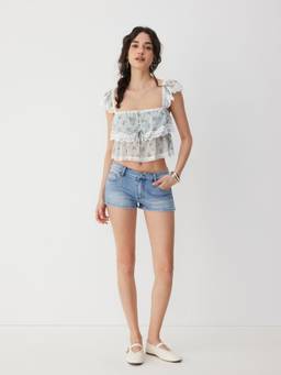 Cider - Floral Lace Women’s Square Neck Ruffled Crop Top Blue