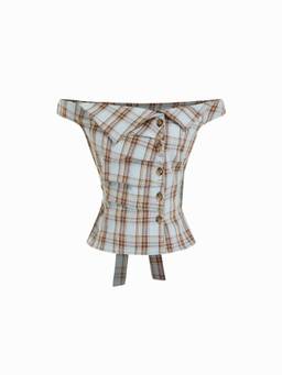 Cider - Plaid Women's Asymmetrical Neck Ruched Blouse Blue