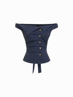 Cider - Asymmetrical Neck Women's Ruched Button-Down Blouse Navy Blue