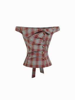 Cider - Plaid Women's Asymmetrical Neck Ruched Blouse Wine