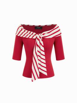 Cider - Striped Sailor Collar Women Off-Shoulder Mid Sleeve Top Red