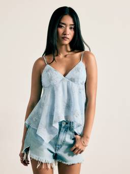 Cider - Sequins Floral Women's V-Neck Asymmetrical Hem Cami Top Blue