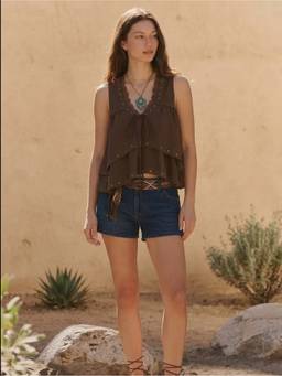 Cider - Ruffled Studded Lace Trim Women Tie-Up Tank Top Brown