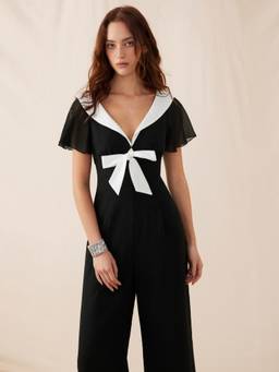 Cider - Chiffon Women's V-Neck Colorblock Ruffle Sleeve Wide-Leg Jumpsuit Black