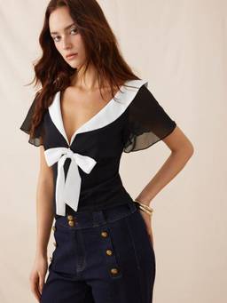 Cider - Chiffon Colorblock Women's Ruffled Tie-Up Blouse Black & Beige