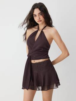 Cider - Chiffon Halter Women's Ruched Skirt Set Brown