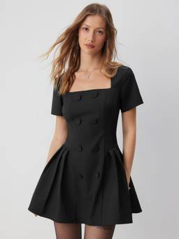 Cider - Women's Square Neck Short Sleeve A-Line Mini Dress Black