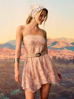 Cider - Lace Trim Women's Belted Hanky Hem Bandeau Mini Dress Khaki