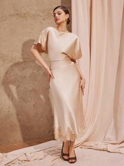Cider - Satin Women's Bow Back Boat Neck Skirt Set Champagne