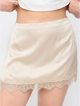 Cider - Lace Trim Women Low Rise Bodycon Mini Skirt Beige