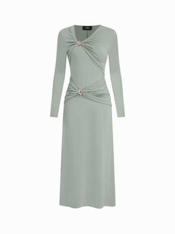 Cider - Ruched Twist Women's Asymmetrical Neck A-Line Maxi Dress Green