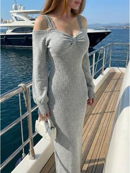 Cider - Knit Off-Shoulder Lace Ruched Split Maxi Dress Grey
