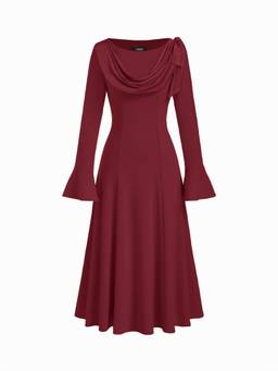 Cider - Boat Neck Women's Draped Knotted Flared Maxi Dress Wine