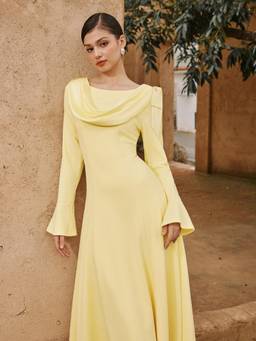 Cider - Boat Neck Women's Draped Bell Sleeve Flared Maxi Dress Yellow