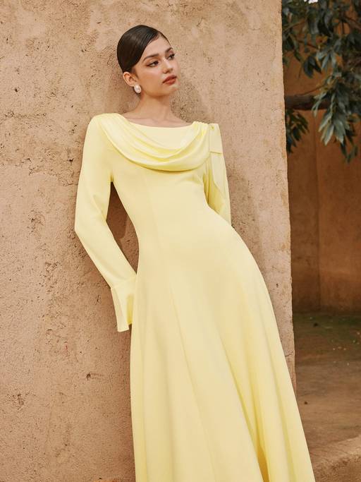 cider gold dress Buy Boat Neck Women's Draped Bell Sleeve Flared Maxi Yellow (XXS) Online edit: PARTY AW25-1