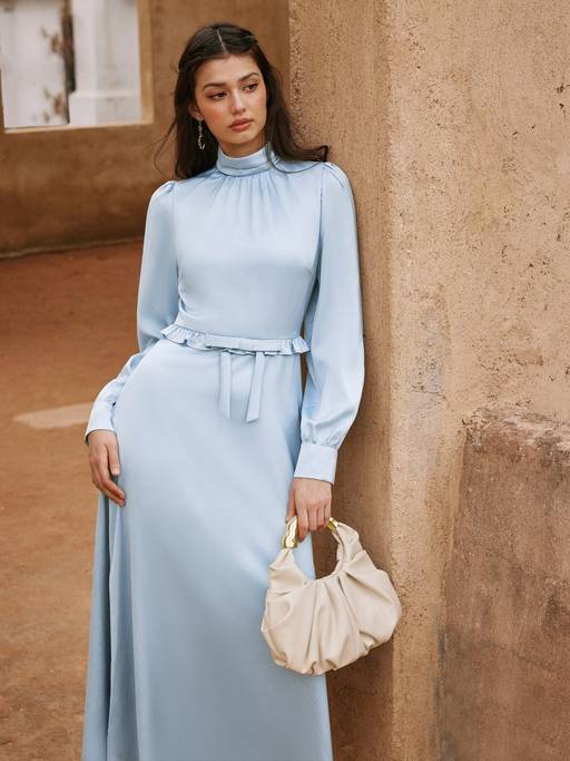 Buy Cider Satin Women's Stand Collar Lantern Sleeve Flared Maxi Dress Blue (XXS) Online