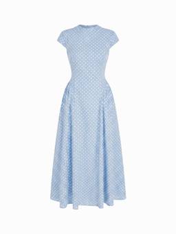 Cider - Sculptural Women's Polka Dot Stand Collar Flared Maxi Dress Blue