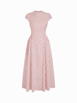 Cider - Polka Dot Women's Stand Collar Flared Maxi Dress Pink