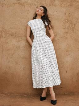 Cider - Polka Dot Women's Stand Collar Flared Maxi Dress White