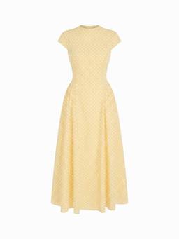 Cider - Sculptural Polka Dot Women's Stand Collar Flared Maxi Dress Yellow